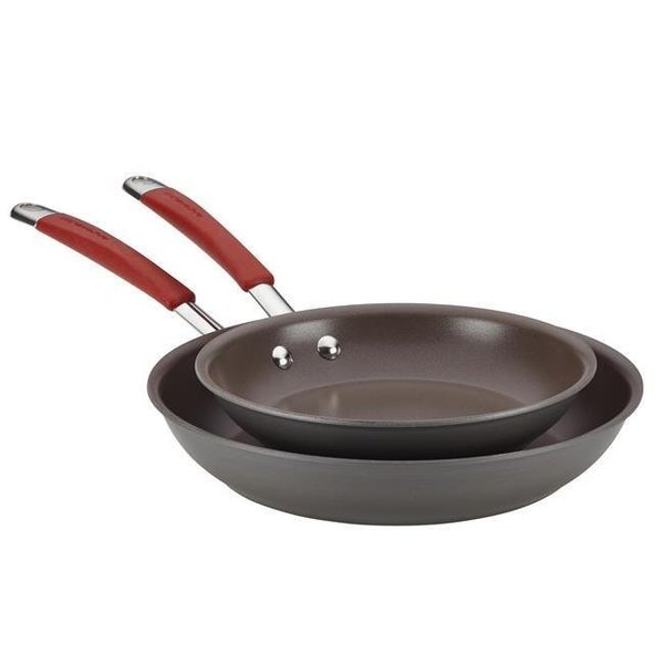 Rachael Ray Rachael Ray 87633 Cucina Hard-Anodized Nonstick Twin Pack Skillet Set; Gray With Cranberry Red Handles 87633